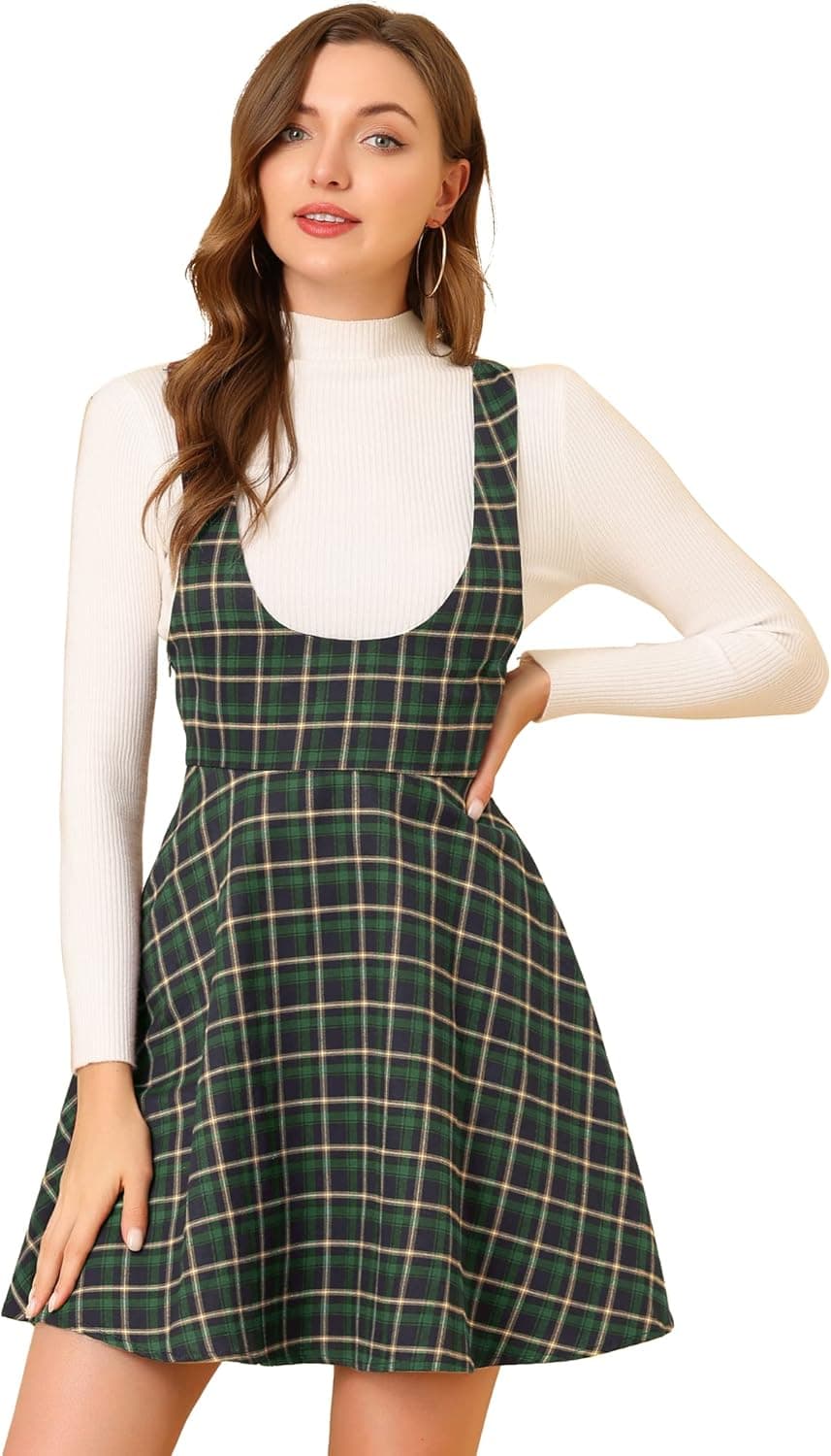 Allegra K Women's Plaid Retro Overall Dress U Neck Sleeveless Vintage Pinafore Suspender Skirt