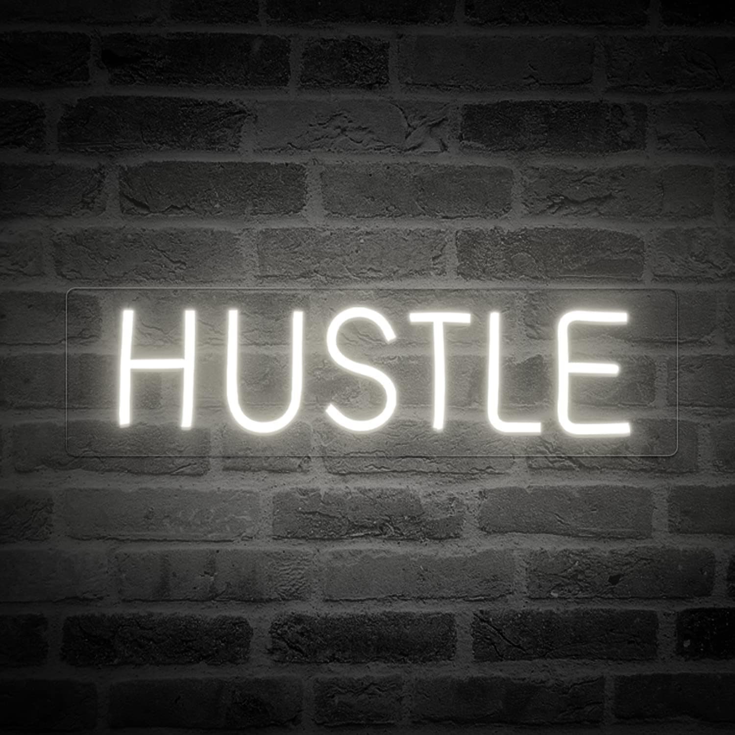 Hustle Neon Sign for Wall Decor - Large LED Neon Light Sign 19.7x5 Inch, Cool Home Gym Signs USB Powered for Office, Man Cave, Gaming Room Art Decor (White)