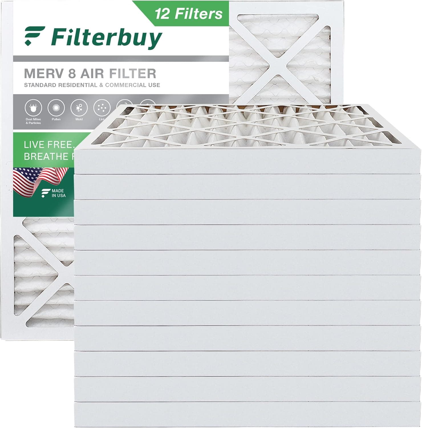 Filterbuy 14x14x2 Air Filter MERV 8 Dust Defense (12-Pack), Pleated HVAC AC Furnace Air Filters Replacement (Actual Size: 13.50 x 13.50 x 1.75 Inches)