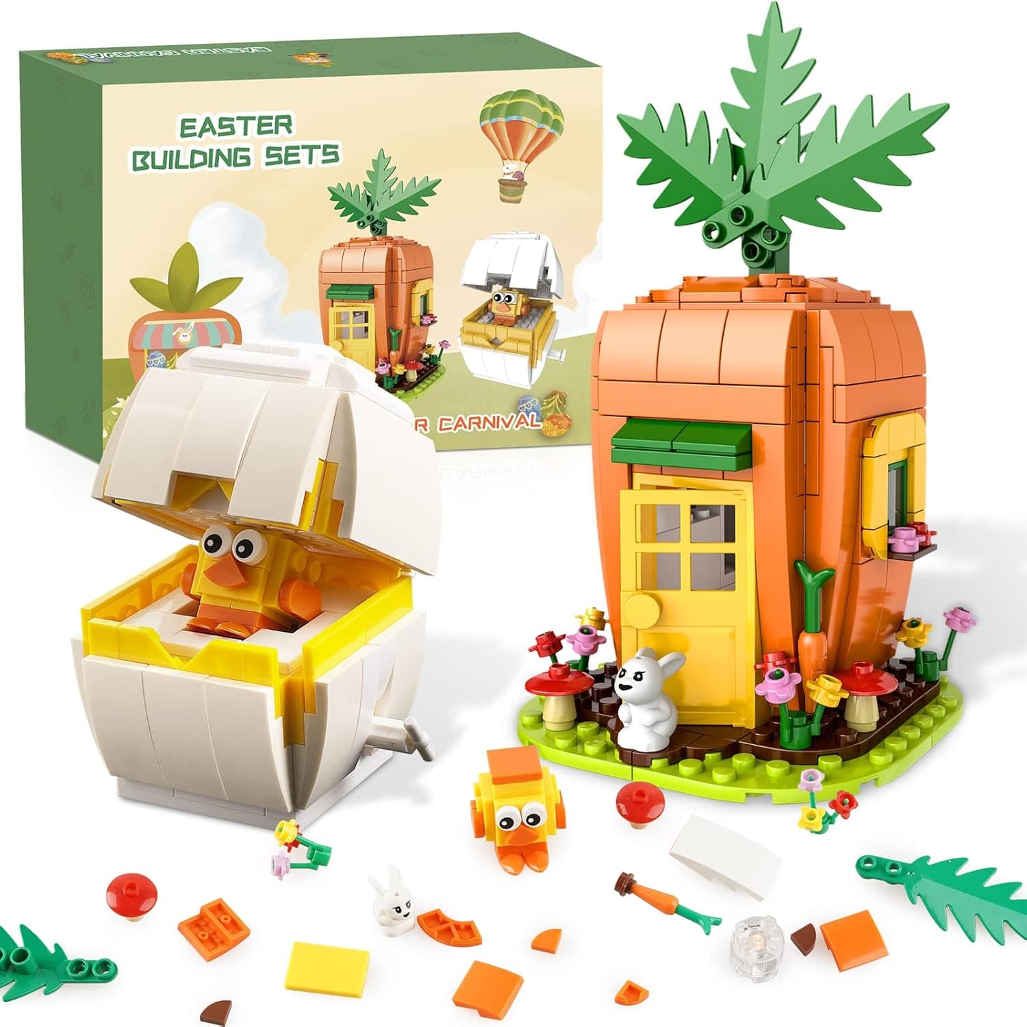 Sawaruita Easter Egg and Easter Bunny’s Carrot House Building Brick Kit-Easter Egg Fillers or Easter Basket Stuffer Toy,Building Blocks Easter Toy Gift for Kids Age 6+