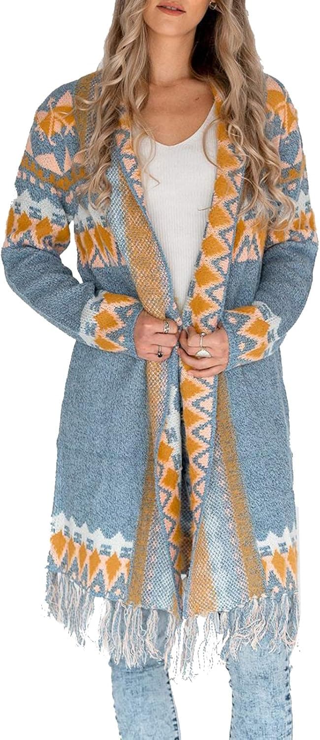 YONYWA Women's Oversized Ethnic Cardigans Long Sleeve Loose Drape Fringe Sweater