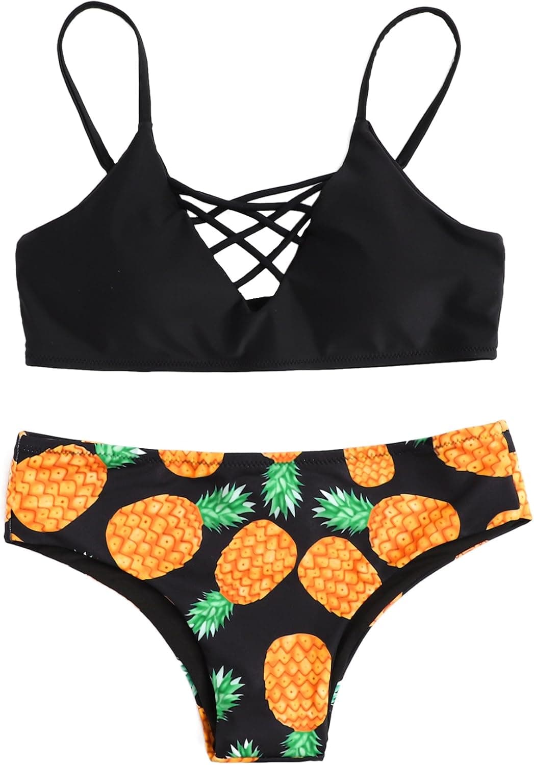 SweatyRocks Women's Bathing Suit Adjustable Spaghetti Strap Pineapple Print Criss Cross Bikini Set