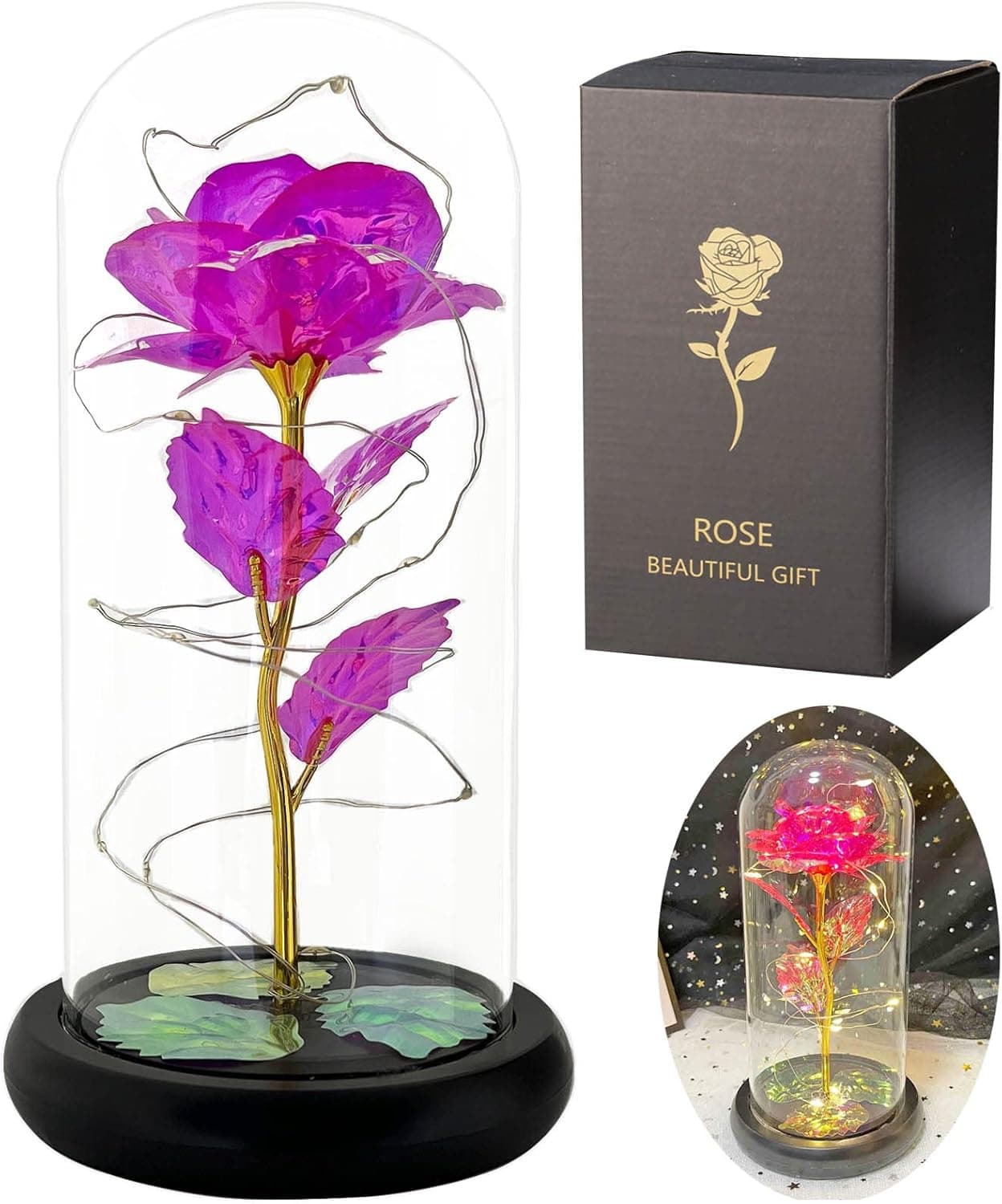 Beauty and The Beast Rose Lasts Forever Artificial Colorful Roses in A Glass Dome Flower Gift for Mother's Day Valentine's Day Wedding Anniversary Girl's Birthday (Pink)
