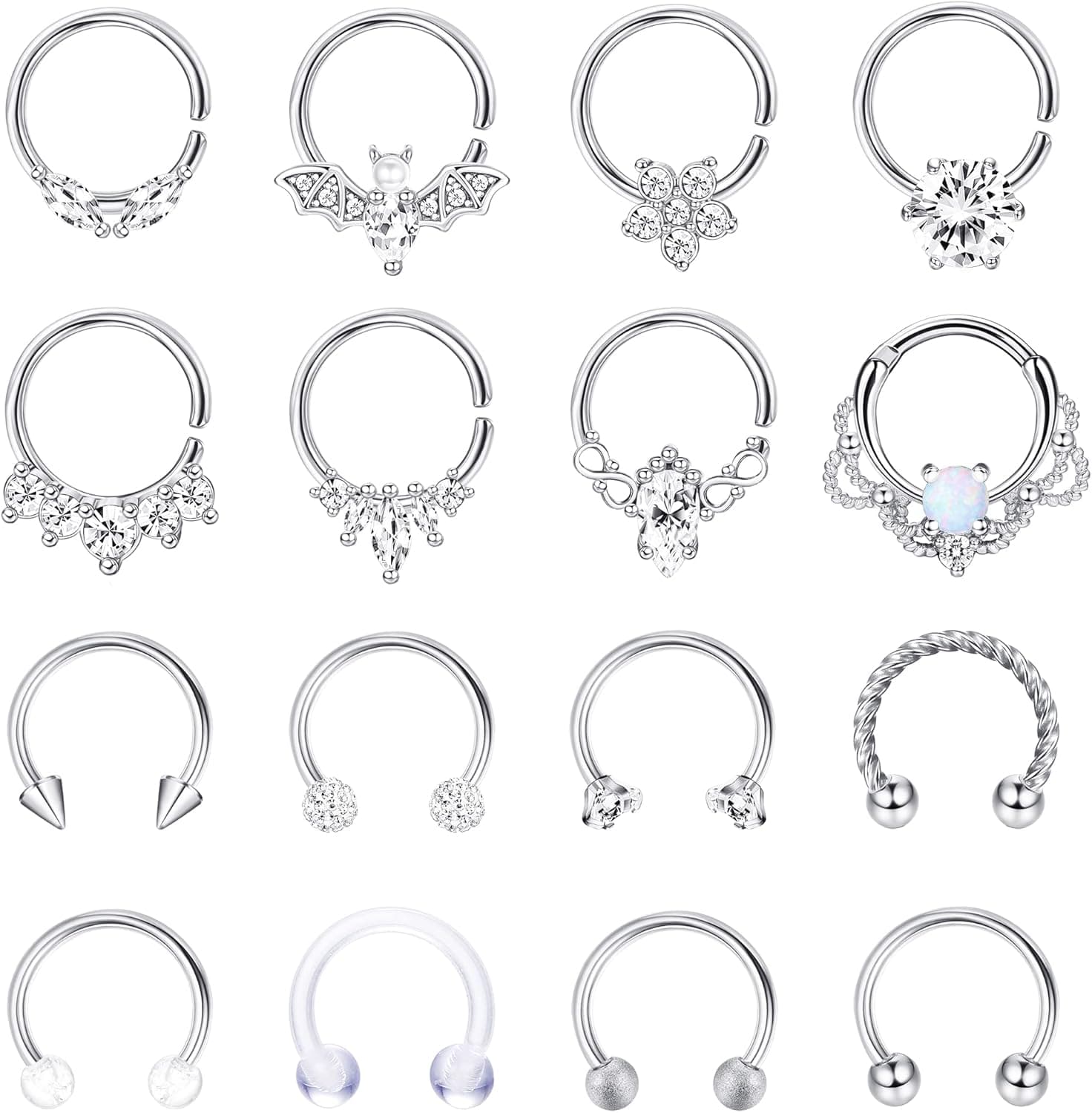 Magitaco 16Pcs 16G Septum Rings Stainless Steel Nose Rings Hoop CZ Opal Tragus Daith Helix Cartilage Earrings Septum Clicker Piercing Jewelry for Women Men