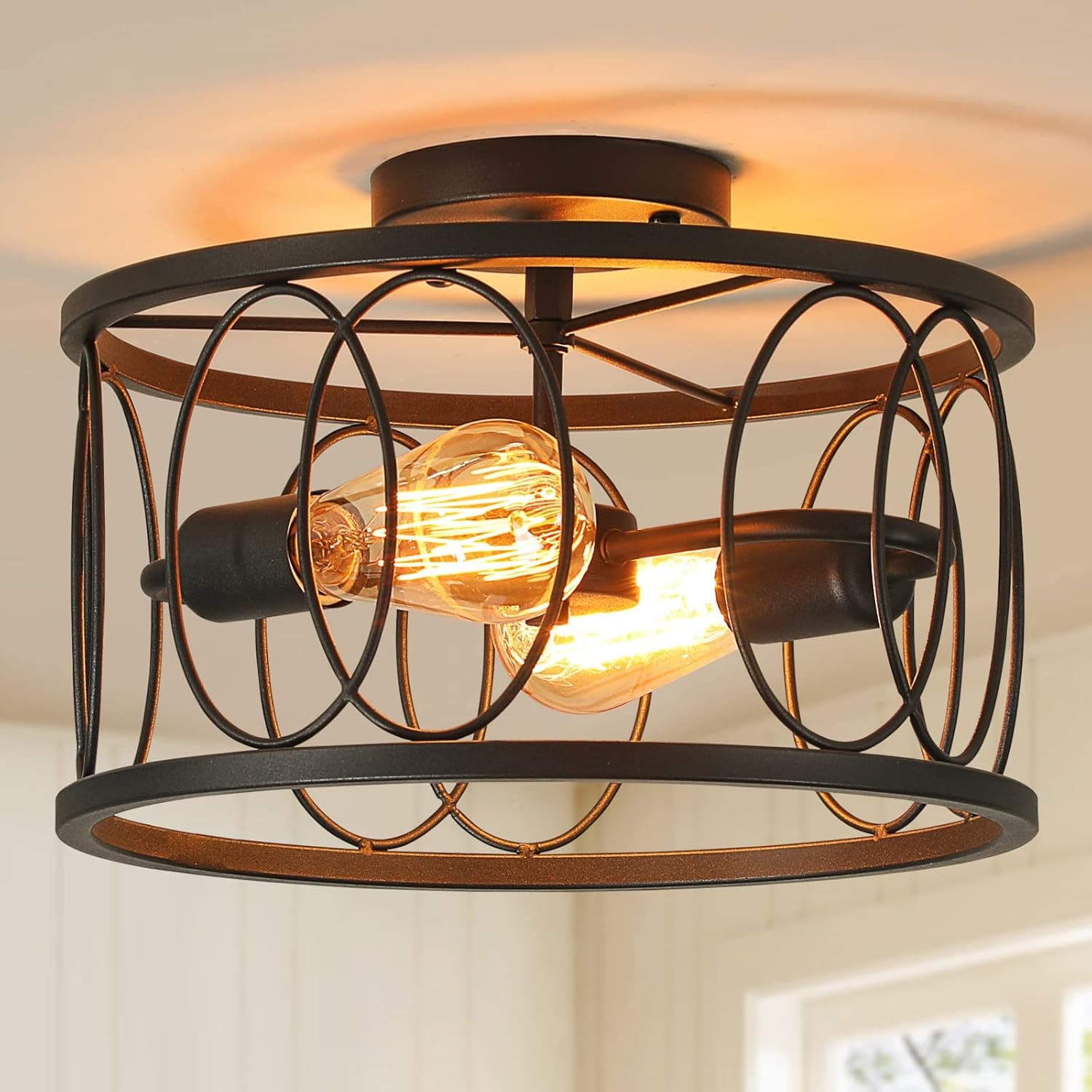 HuixuTe 2-Light Semi Flush Mount Ceiling Light, Black Kitchen Light Fixture, Farmhouse Bedroom Light Fixtures Ceiling for Hallway, Entryway, Bedroom, Dining Room