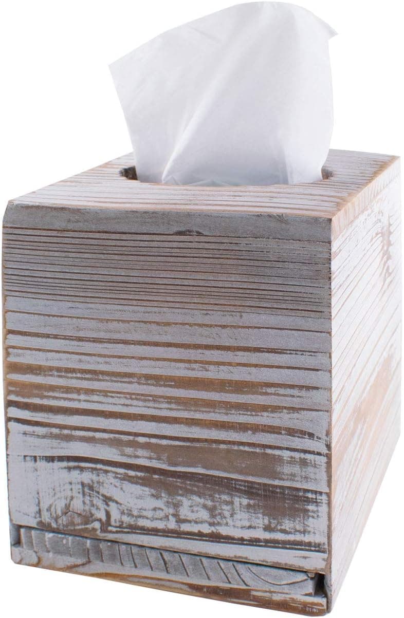 Hiyoo Square Tissue Box, Brown Cover Decorative Rustic Wood Cube Tissue Holder with Slide-Out Bottom Panel for Living Room Napkin Box Carton Paper Cube Box Office Bathroom Living Room (No Tissue)