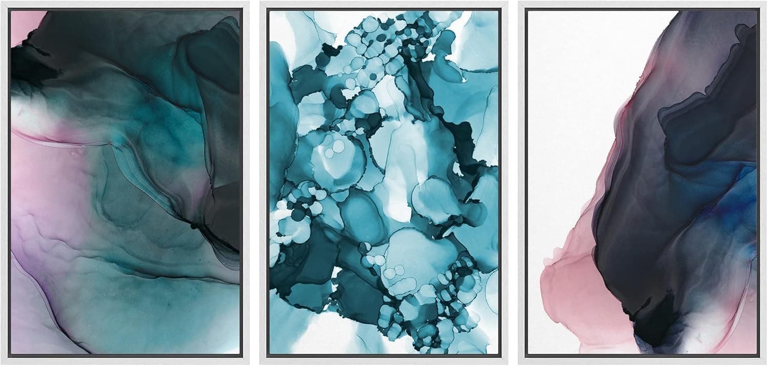 wall26 Framed Wall Art Print Set Dark Blue & Pink Watercolor Collage Abstract Shapes Illustrations Modern Art Chic Colorful Multicolor Neon for Living Room, Bedroom, Office - 24"x36"x3 White