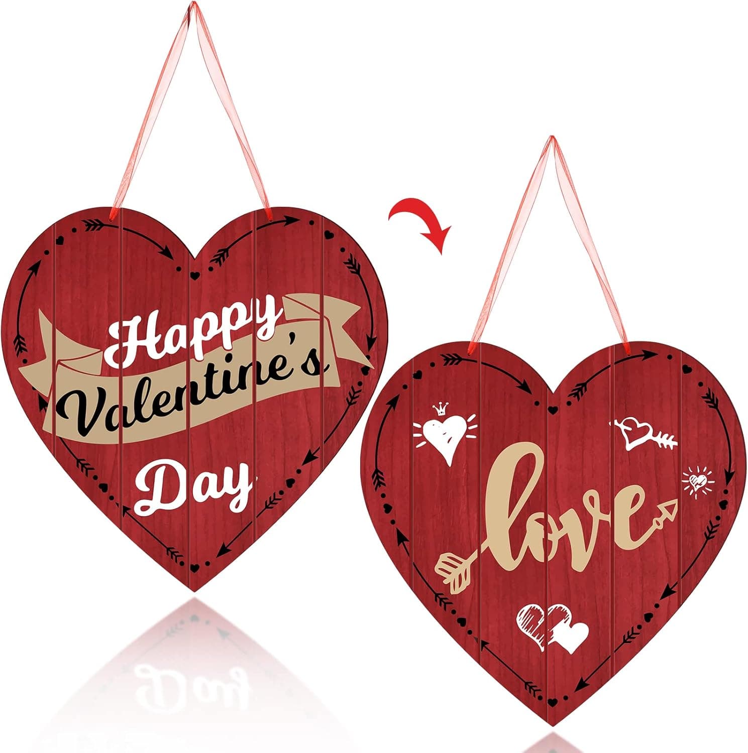 Jetec Valentine's Day Double Sided Heart Wooden Sign Decoration Heart Shape Red Wall Plaque Love Door Wall Hanging Sign Happy Valentines Day Signs for Anniversary Wedding Party, 11.8 x 11.8 Inch