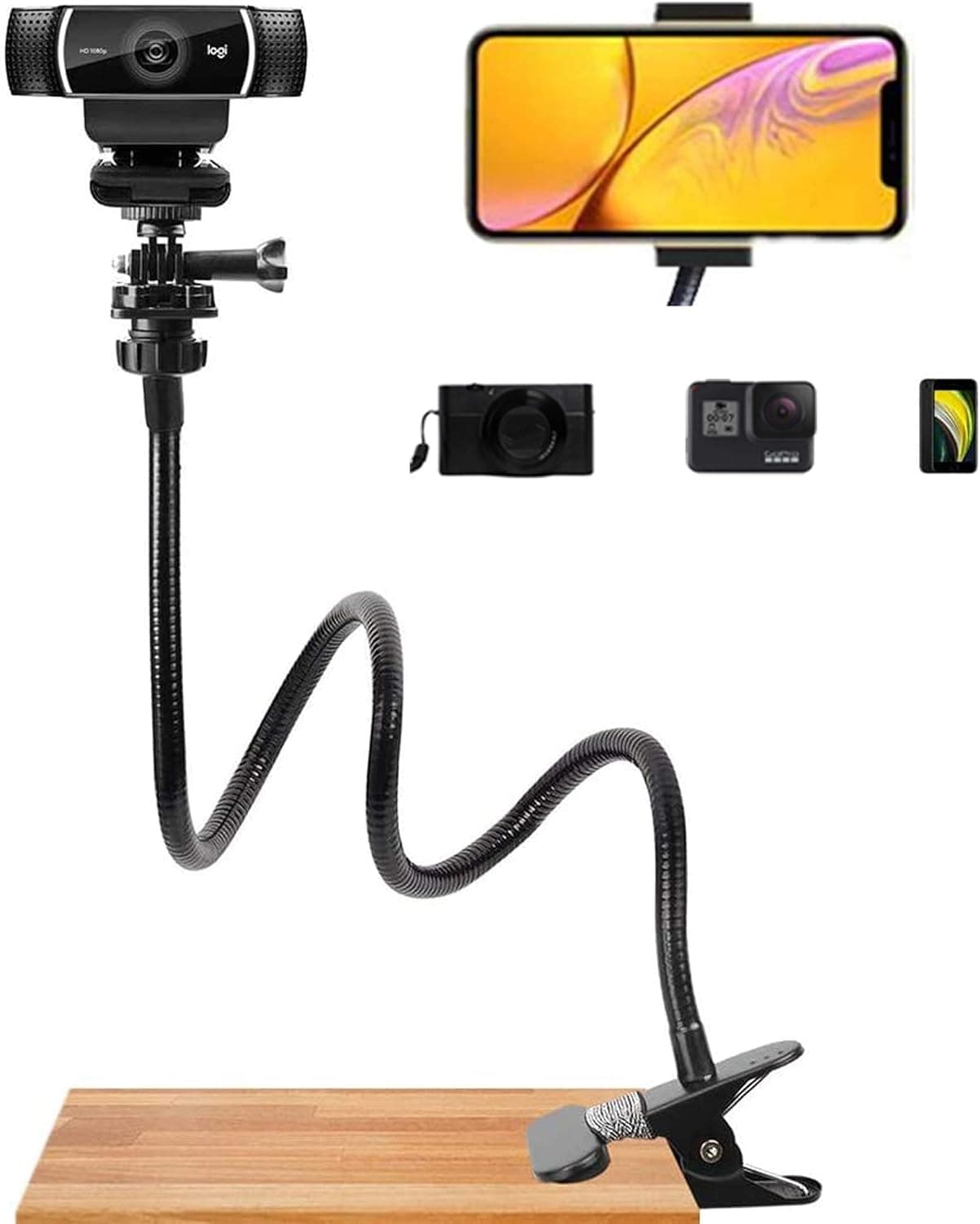 Webcam-Stand Camera Phone Desk-Clamp-Holder Mount - 27 Inch Flexible Gooseneck Arm Stand Mount for Phone Gopro Webcam C922 C930 C930e C920 Brio 4K C615 C922x C925e C920s C270 C310