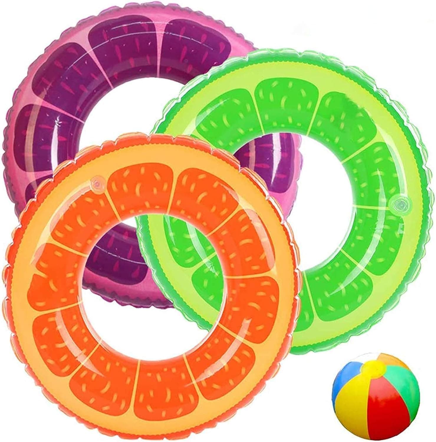 Colorful Fruit Swim Rings Set for Kids Adults, 31.5" Colorful Inflatable Swimmings Pool Float, 3 Pack Swimming Rings and 1 Beach Ball for Summer Pool Beach Party Toys