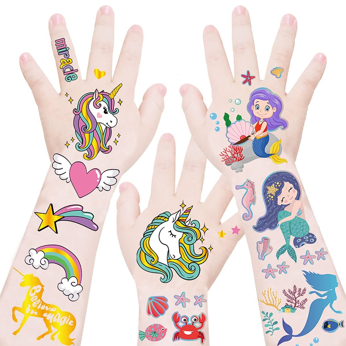 Mocossmy Mermaid Animal Temporary Tattoos for Kids,4 Sheets 90 PCS Metallic Glitter Mermaid Animals Waterproof Fake Tattoo Body Decoration DIY Craft for Kids Girls Birthday Gifts Party Favor Supplies