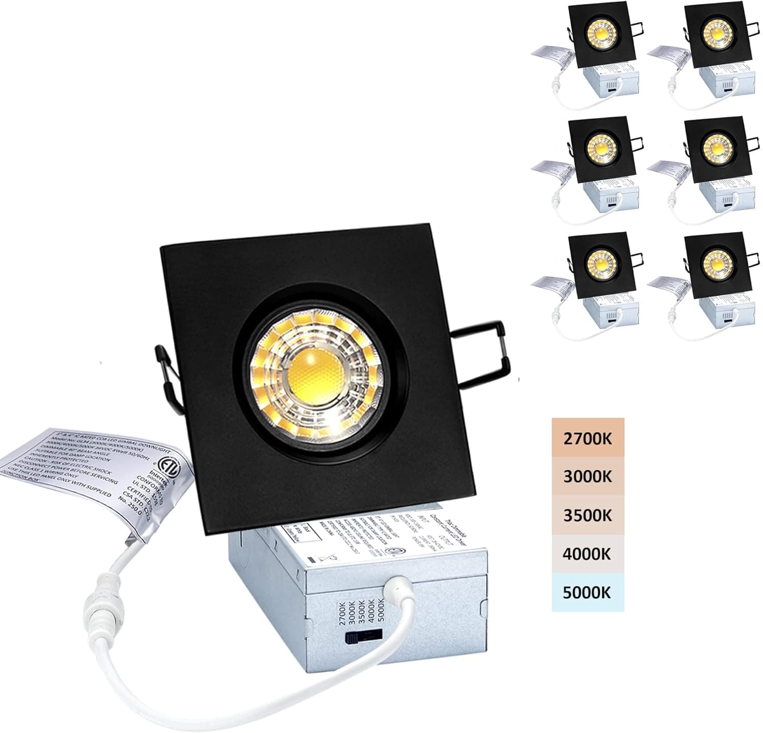 POPANU Canless Recessed Gimbal Downlight Rotatable-Spotlight 5 CCT 3 Inch Eyeball Ceilling Potlight, Dimmable Recessed Lights Fixture with Junction Box, 8W CCT Adjustable, Black Square Finish, 6P