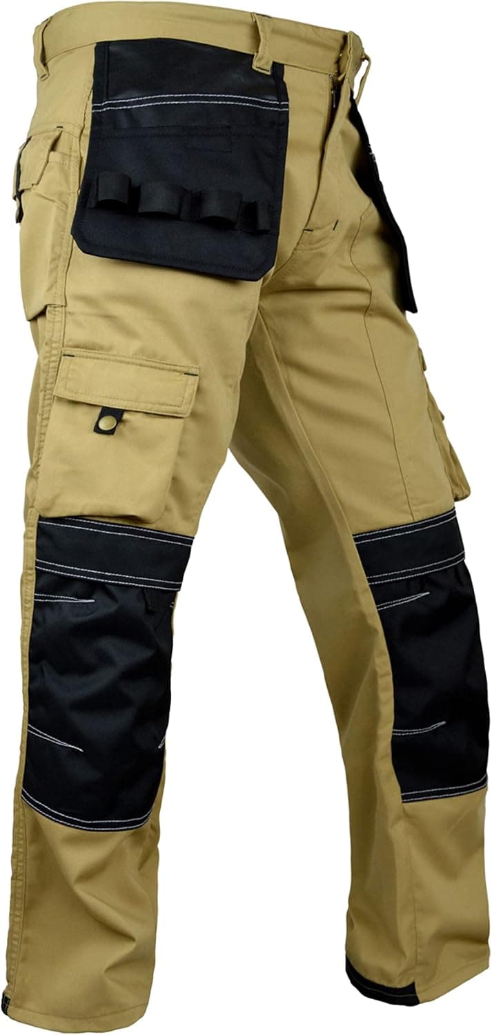 Fashio Mens Cordura Pants Utility Tool Pockets Carpenter Heavy Duty Knee Reinforced Work Wear Safety Trousers