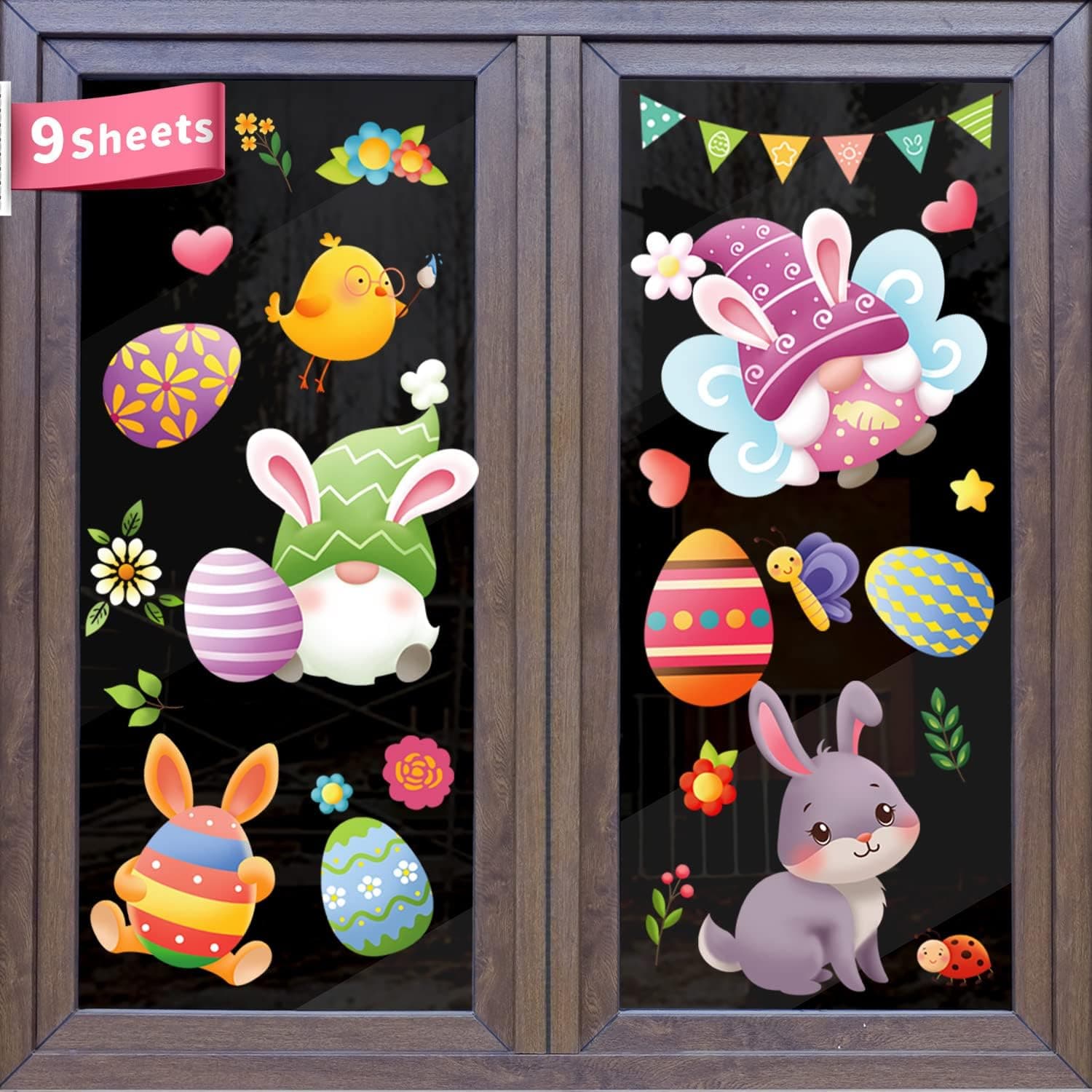 flufluf Easter Bunny Gnome Window Clings, 9 Sheets Spring Easter Elf Scandinavian Rabbit Tomte Window Sticker Decorations Easter Day Decorations for Home Office Classroom