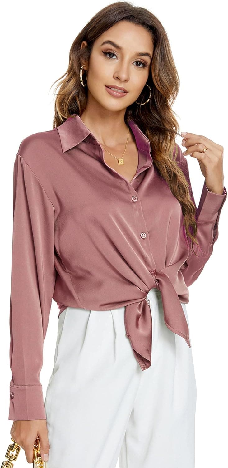 Atnlewhi Womens Long Sleeve Button Down Satin Silk Shirts Casual Business Smooth Blouse Tops