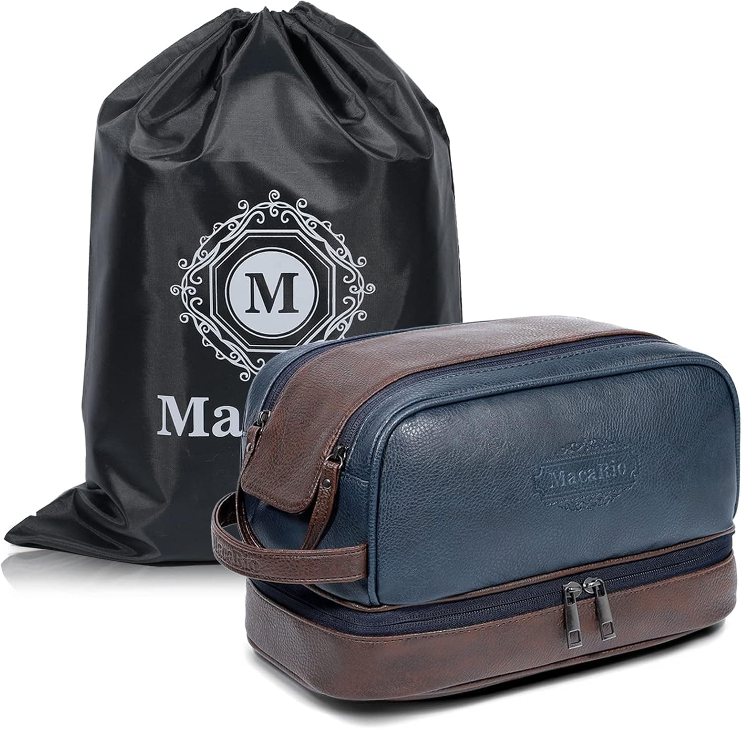 MacaRio Toiletry Bag for Men, Large PU Leather Mens Travel Shaving Shower Toiletries Bag, Deep Blue and Coffee