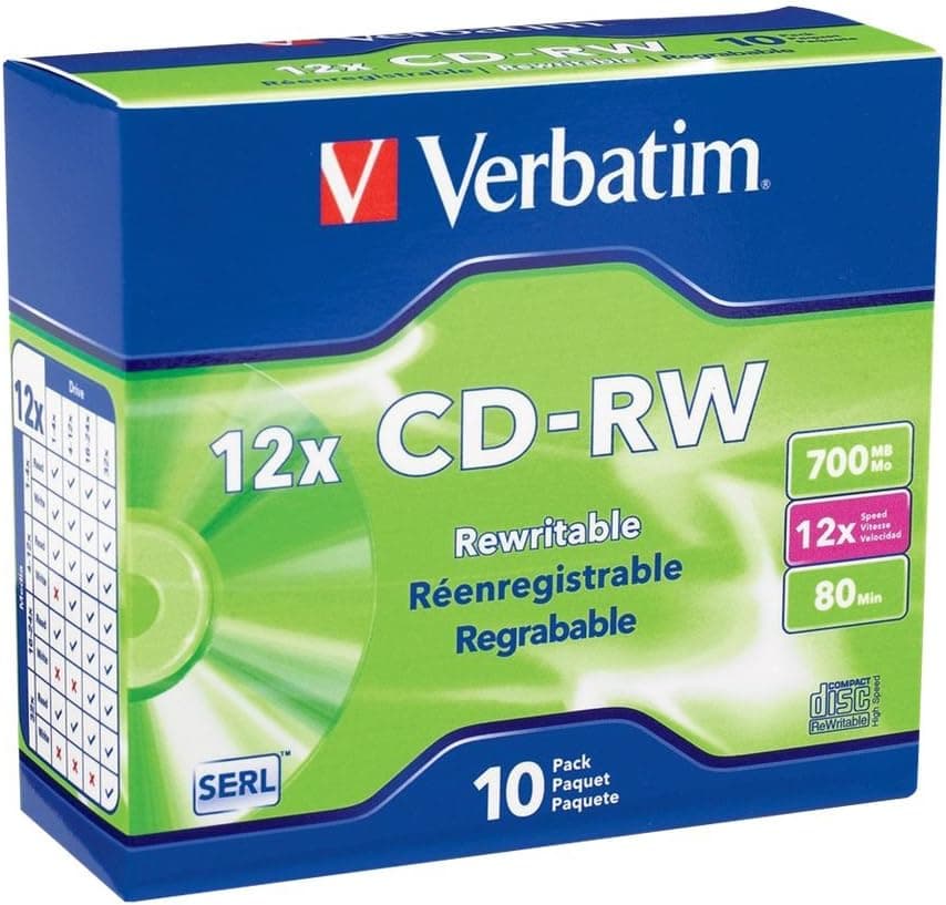 Verbatim CD-RW 700MB 2X-12X Rewritable Media Disc - 10 Pack Slim Case