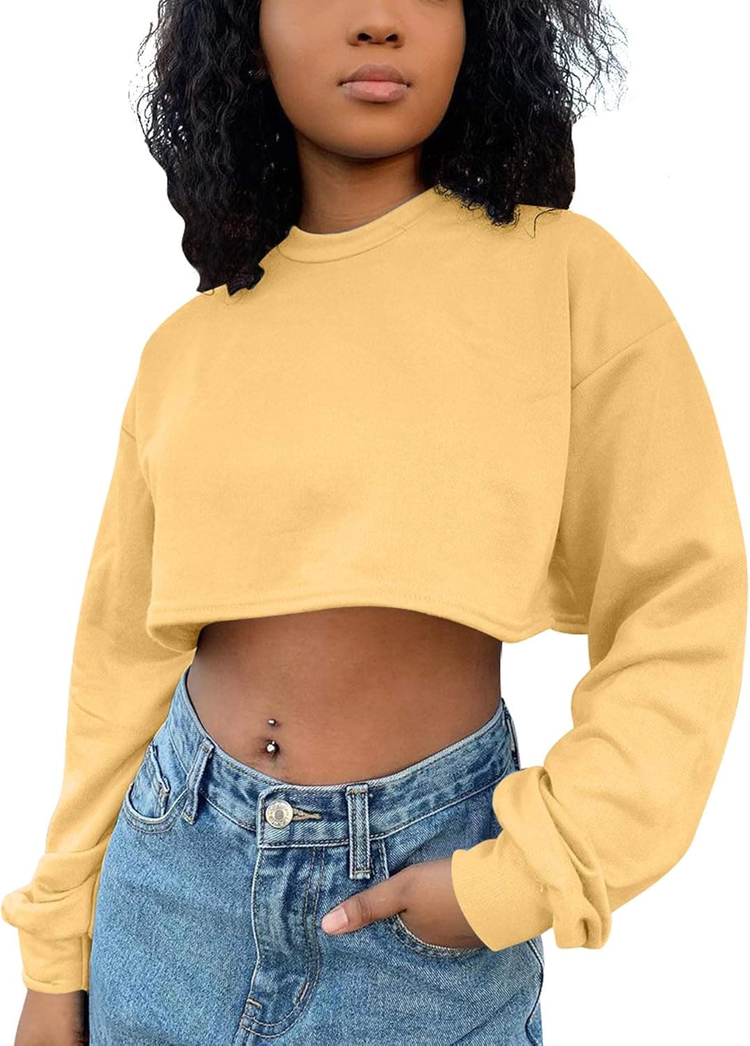 Mokoru Women's Long Sleeve Crewneck Workout Cropped Sweatshirt Basic Sweater Crop Tops