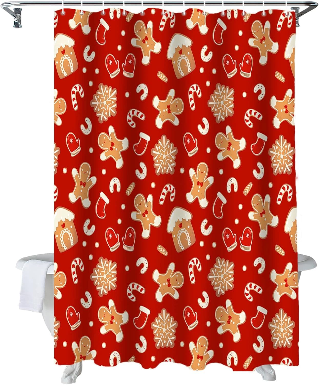 BestLives Christmas Shower Curtains 72 x 72 Inches Gingerbread Man Snowflake Bath Curtain Candy Cane Glove Waterproof Polyester Fabric Bathroom Curtain with Hooks