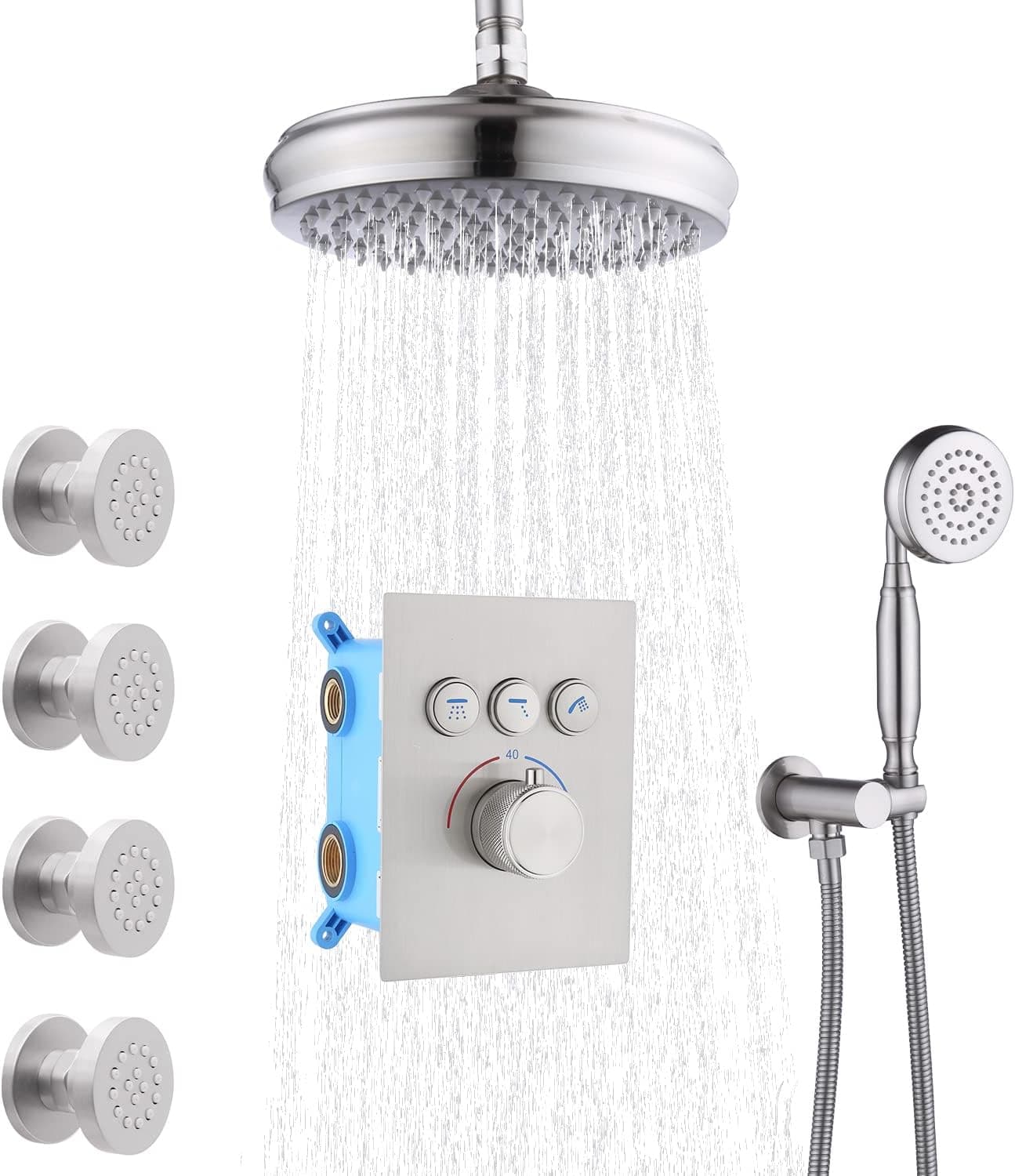 Enga Thermostatic Shower System with Body Jets, 8inch Rain Shower and Handheld Spray Brass Shower Faucet Set Full Body Shower System, All Functions Can Use At the Same Time, Brushed Nickel