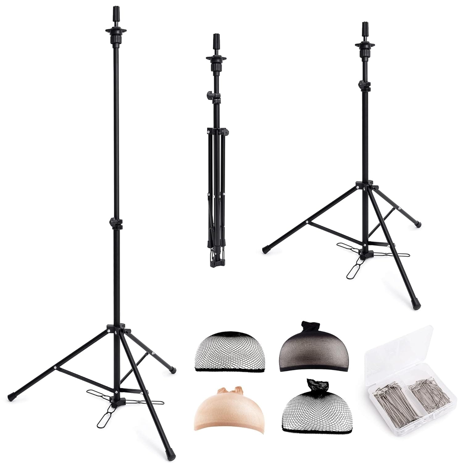 HYOUJIN Wig Head Stand Tripod Mannequin Head Stand Metal Adjustable Holder for Mannequin Head,Manikin Head,Training Head,Canvas Block Head with Wig Caps,T-Pins,Carry Bag (With Foot Panel)