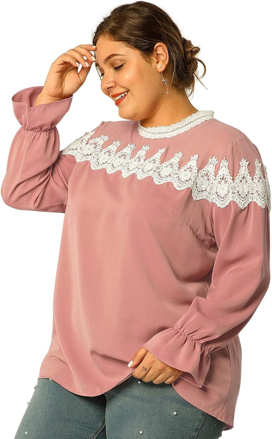 Agnes Orinda Women's Blouse Plus Size Blouse Puff Sleeve Lace Vintage Casual Top Work Blouses 3X Pink