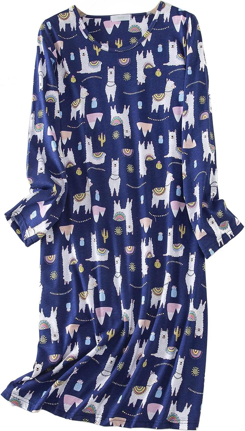 CHUNG Women's Cotton Nightgowns Long Sleeve Above Knee Vivid Print Nighties Sleepshirts Dress Sleepwear Autumn Winter