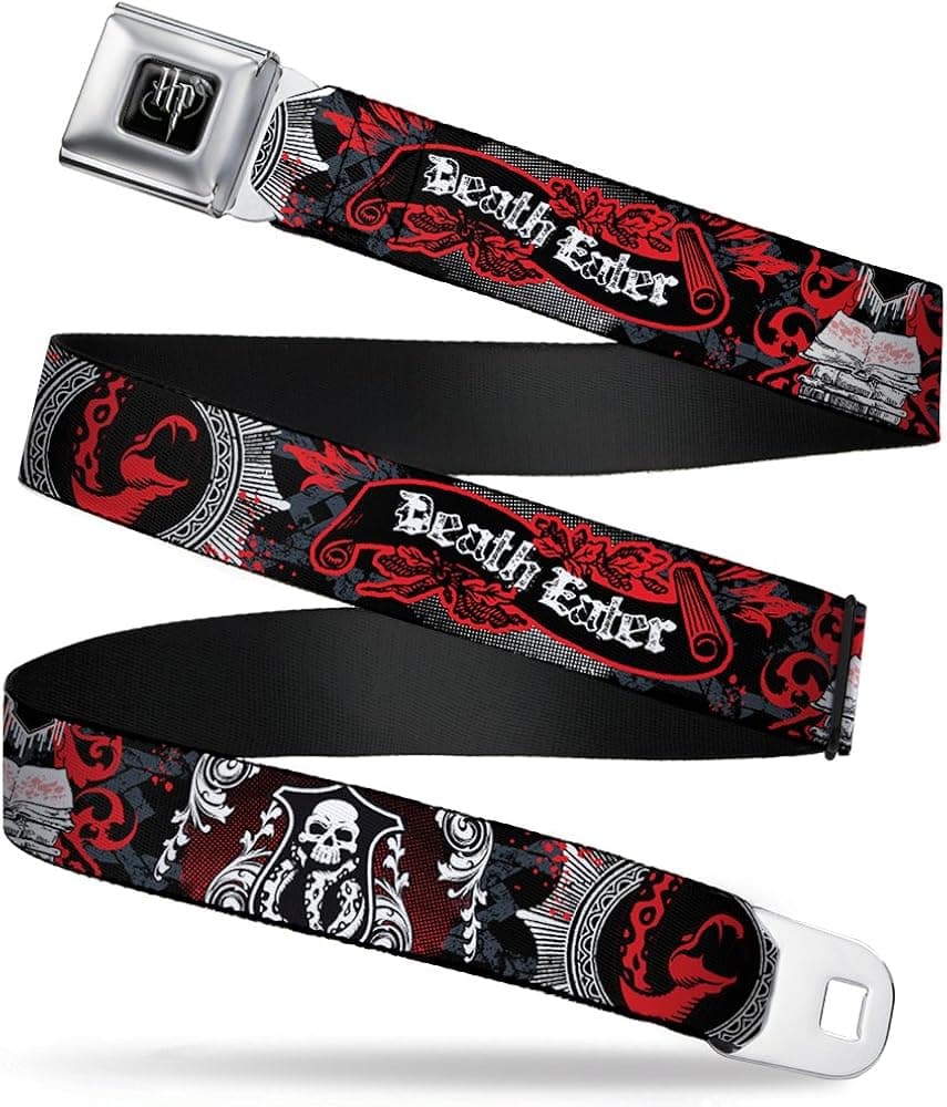 Buckle-Down Seatbelt Belt - DEATH EATER Scroll/Symbol Black/Gray/White/Red - 1.0" Wide - 20-36 Inches in Length