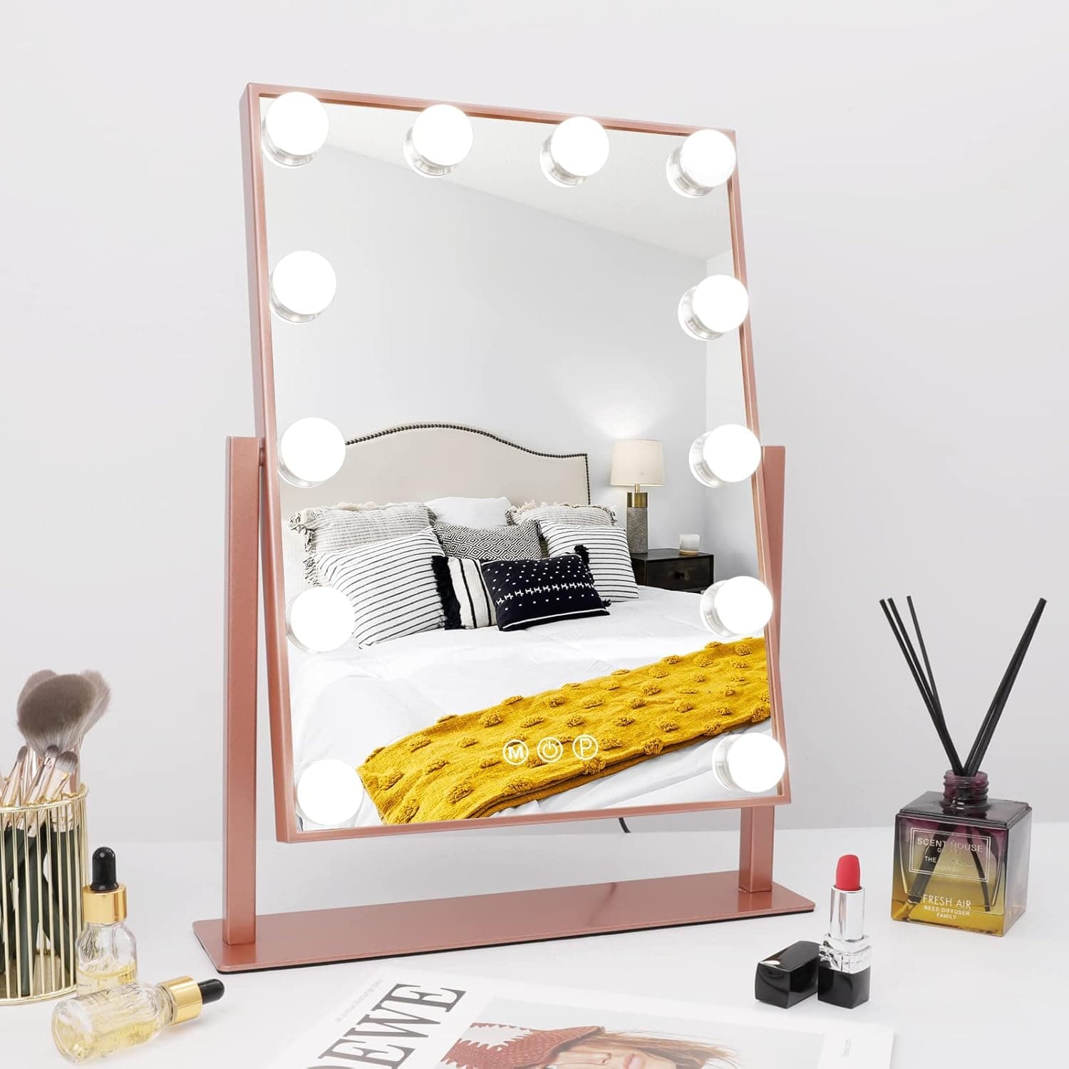 Fenair Makeup Vanity Mirror with Lights Lighted Hollywood Vanity Mirror with 12 Dimmable Bulbs 3 Color Light Settings 360° Rotation Detachable 10X Magnifying Mirror(Rosegold)