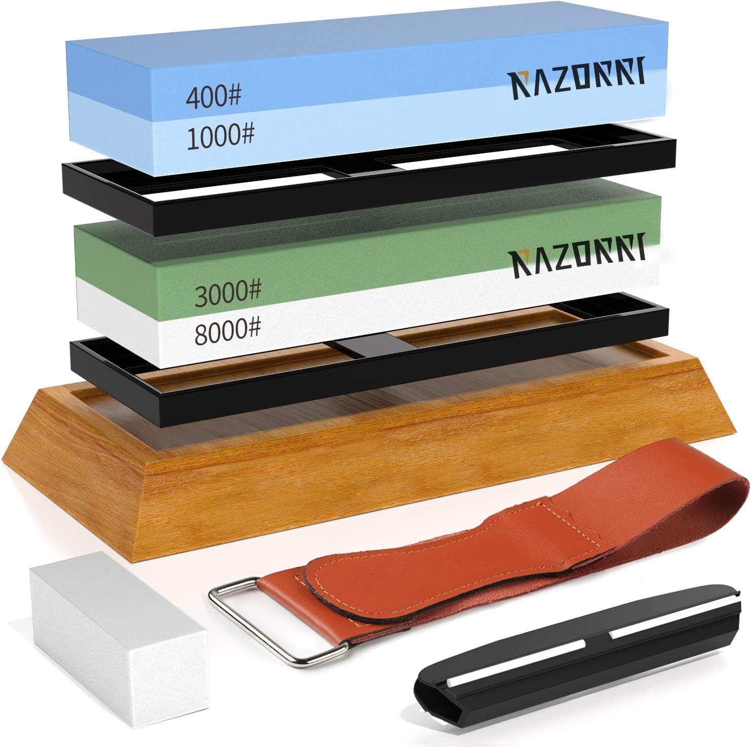 Razorri Knife Sharpening Stone Kit, Double-Sided 400/1000 and 3000/8000 Grit Whetstones, Flattening Stone, Leather Strop, and Angle Guide Included, Sharpen and Polish Any Metal Blade (Flat Base)