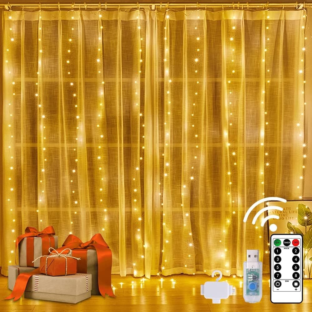 Bedroom Curtain Lights, Christmas 300 Led Window Curtain Lights, Led Fairy Light Curtains for Wedding Party Home Garden Bedroom Outdoor Indoor Wall Decorations Warm White 9.8x9.8 Ft