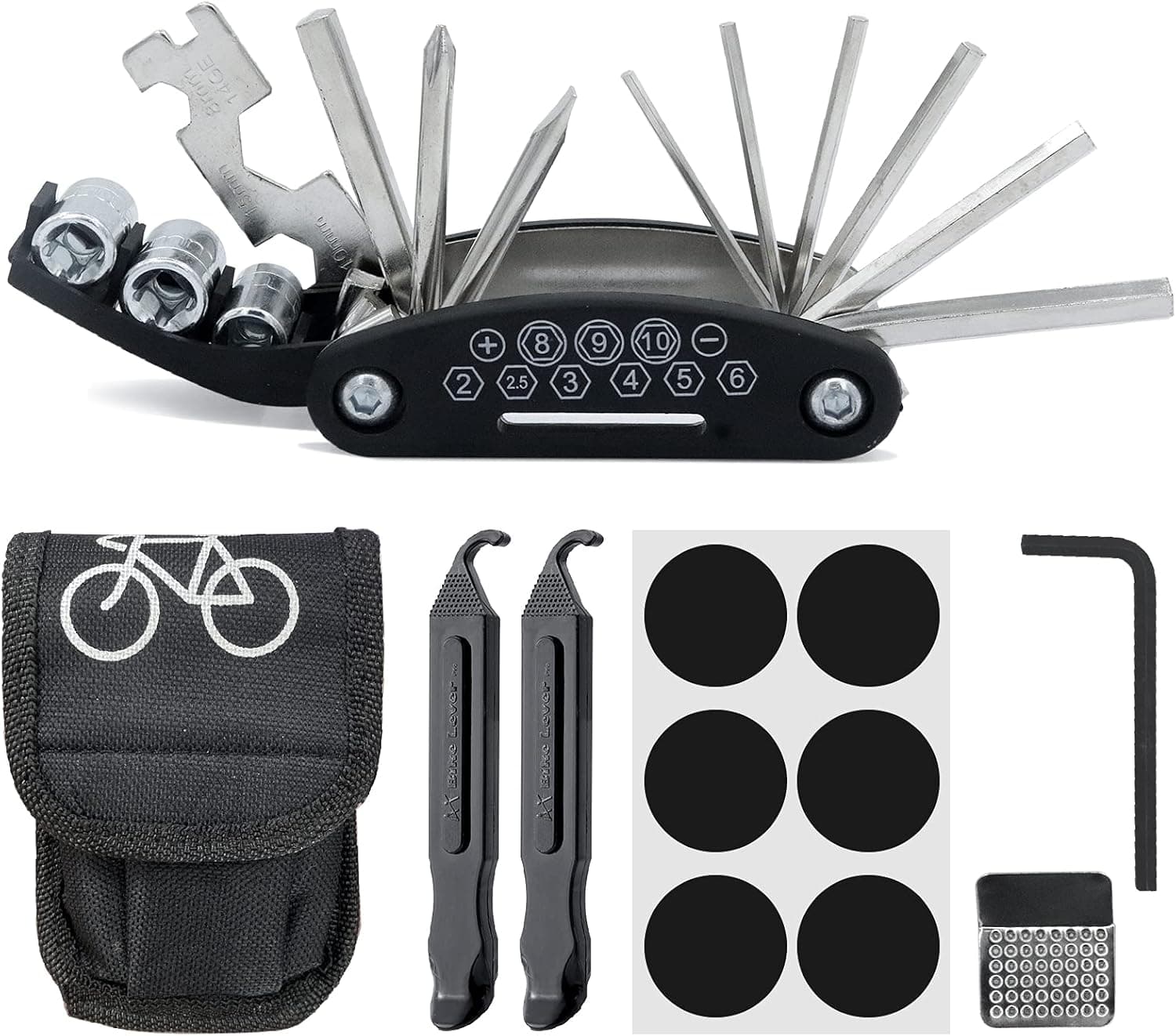 DMLNN Bike Tool Kit, Puncture Repair Kit, Bike Multi Tool, Mountain Bike Accessories, 16 in 1 Bike Multifunction Tool with Patch Kit & Tire Levers