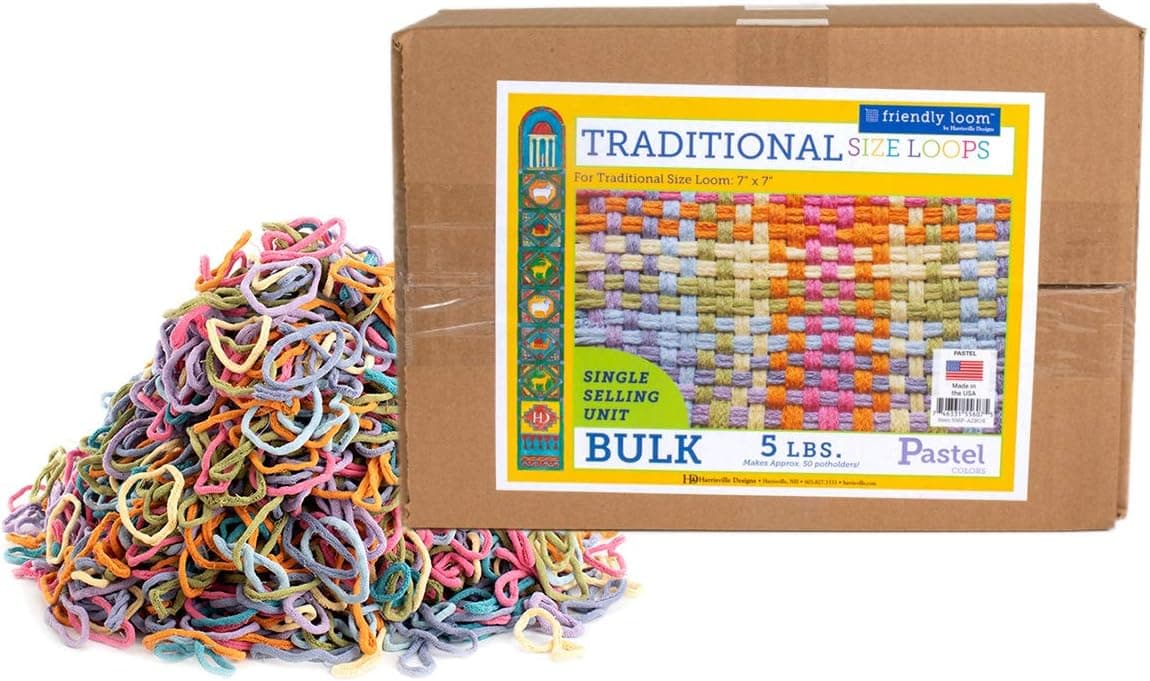 Harrisville Designs Friendly Loom Potholder Cotton Loops 7" Standard Size Pastel 5 Lb Loops Make Approx 50 Potholders, Weaving Crafts for Kids & Adults-Assorted Colors