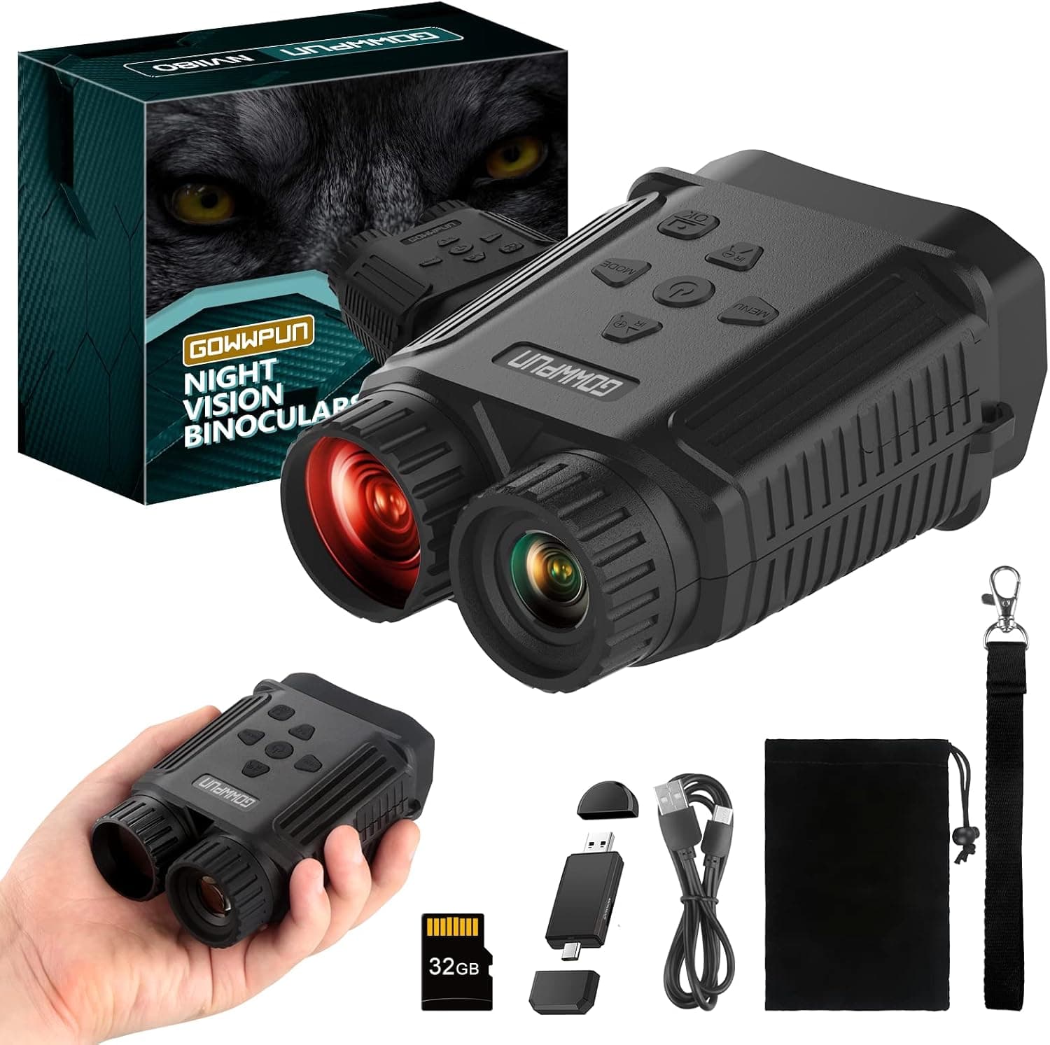 GOWWPUN Night Vision Binoculars Goggles - Mini 984FT Viewing for Adults Hunting in 100% Darkenss, Save Photos&1080P Video,4 1Card Reader/32GB TF Card Included, black (NV1180)