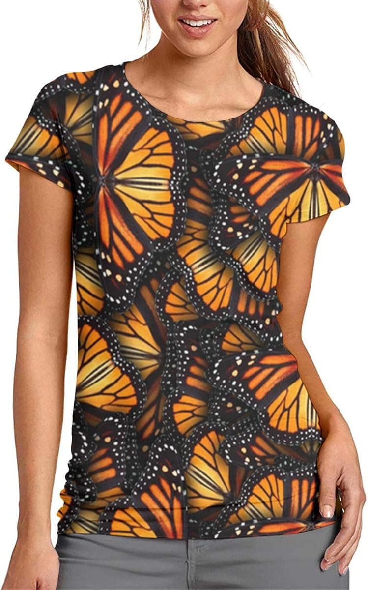 Women's Heaps of Orange Monarch Butterflies Athletic 3D Creative Print T-Shirt Short Sleeve Tees