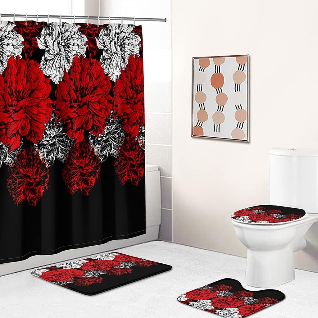 4 PCS Floral Shower Curtain Sets with Non-Slip Rugs Toilet Lid Cover and Bath Mat Bathroom Sets