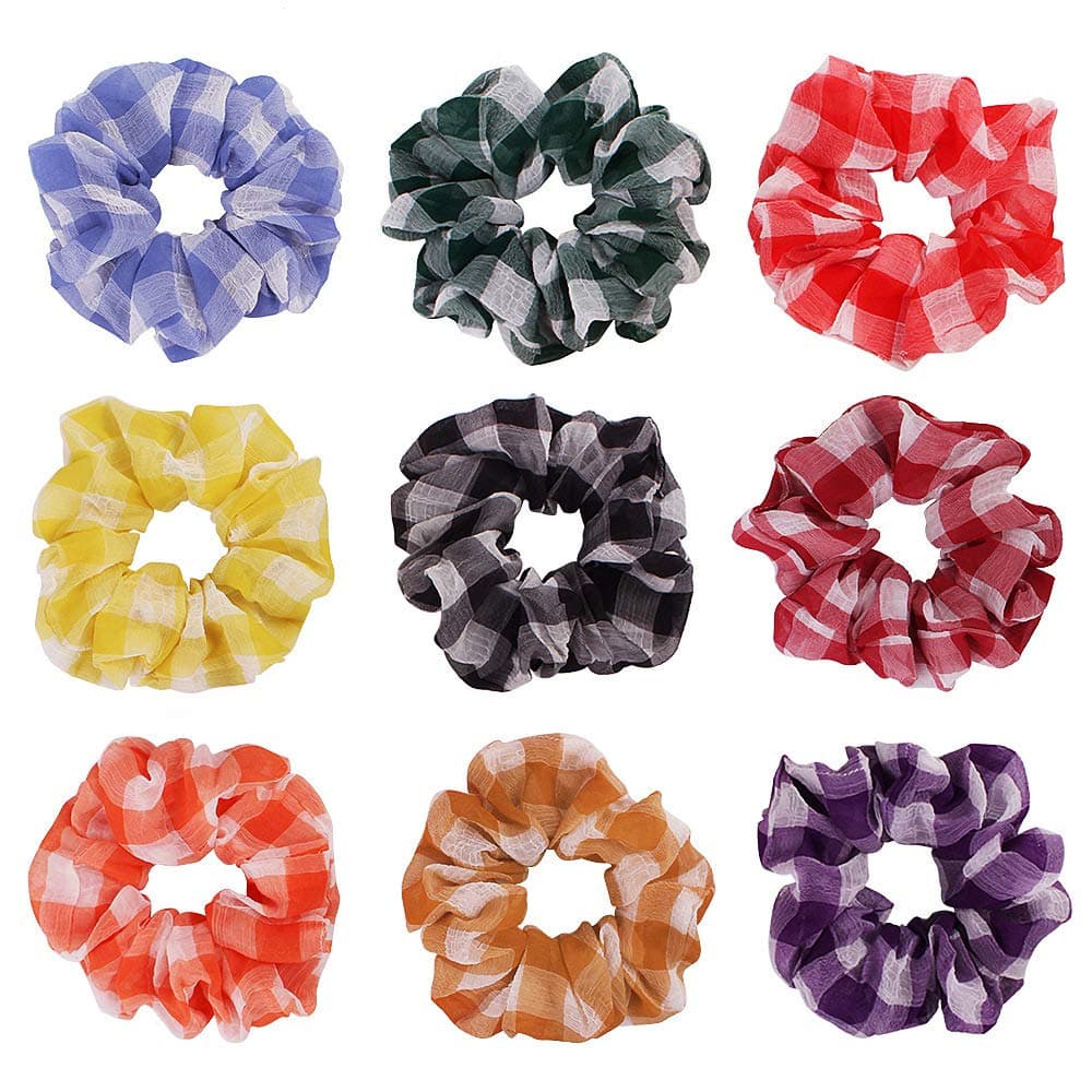 9 Pack Stripe Cotton Scrunchies Plaid Hair Elastics Scrunchies Gingham Scrunchies Checked Scrunchy Hair Bands Ties for Women Girls (9 PCS, Plaid Scrunchies)