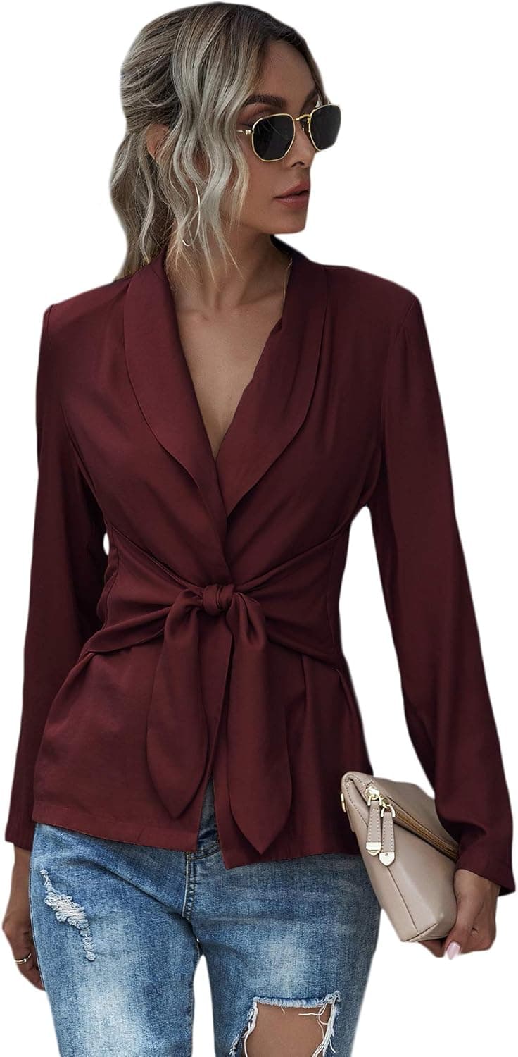 MakeMeChic Women's Solid Shawl Collar Tie Front Long Sleeve Business Blazer Burgundy XL
