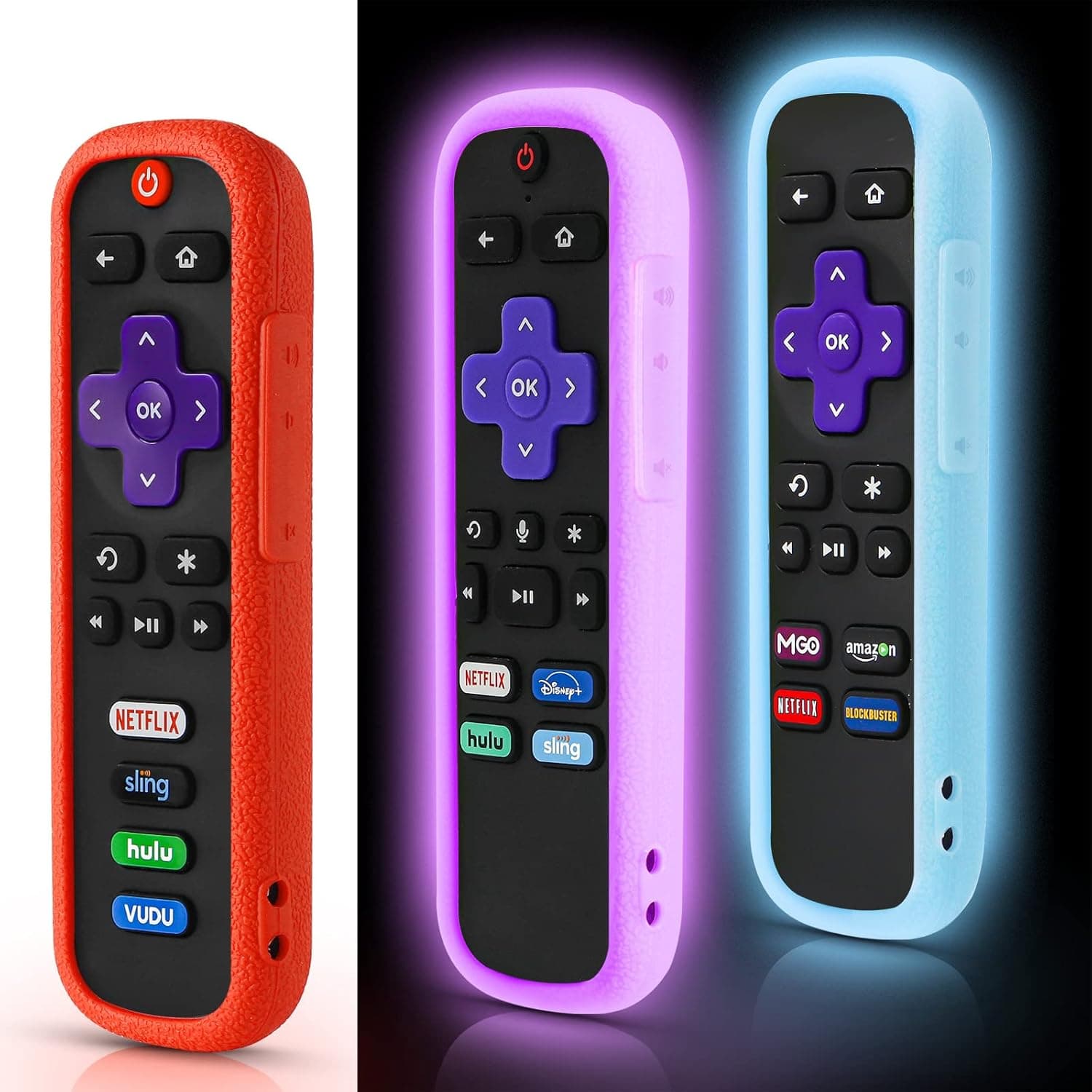 3 Pack Case for Roku Remote, Battery Cover for TCL Roku Smart TV Steaming Stick Remote, Silicone Roku TV Remote Cover Universal Protective Skin Glow in The Dark Blue and Purple, Red Not Glow