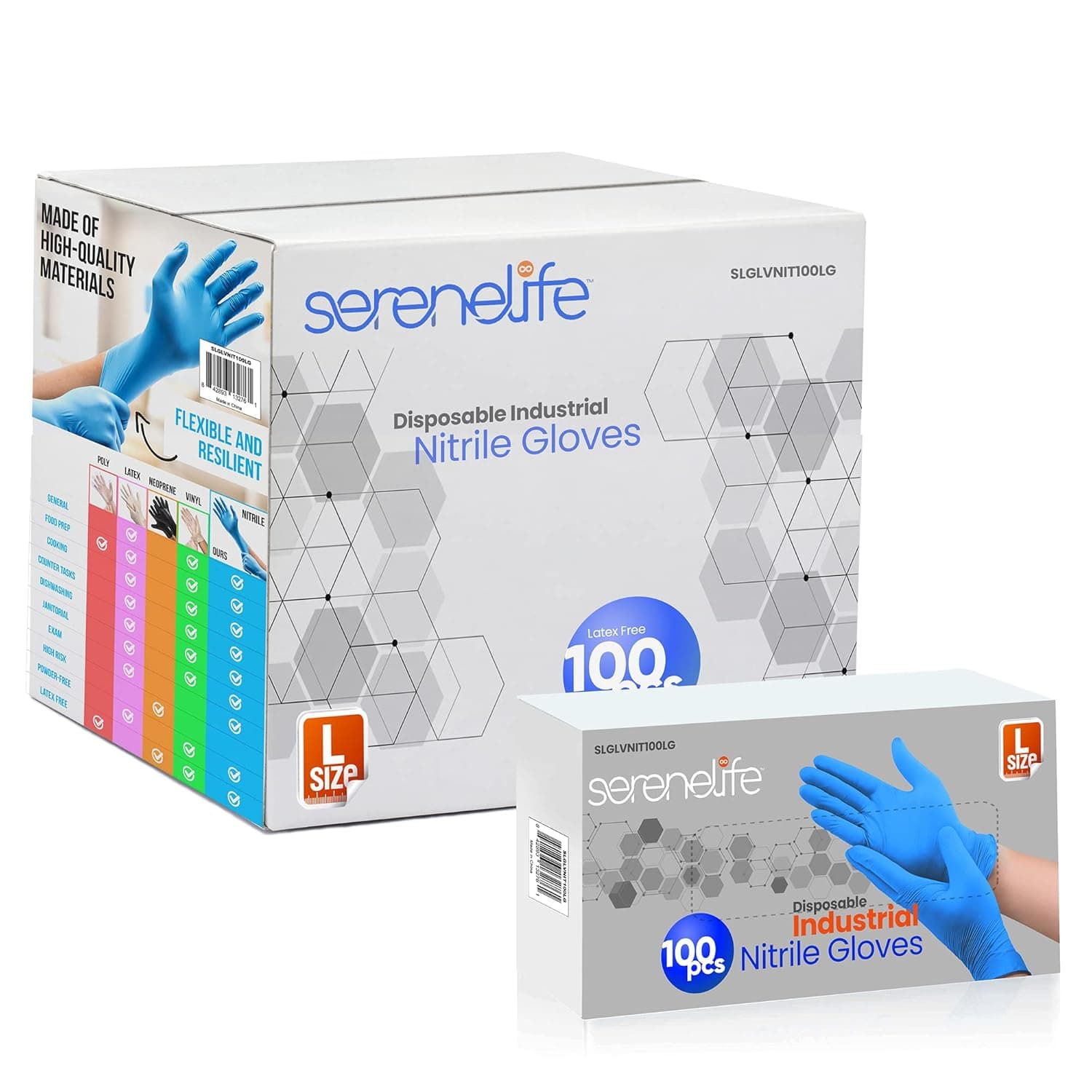 SereneLife 1000 Pcs Nitrile Blend Disposable Gloves - Soft Industrial Gloves, Vinyl Gloves Powder-Free, Latex-Free Protective Gloves, Soft and Comfortable, Size Large