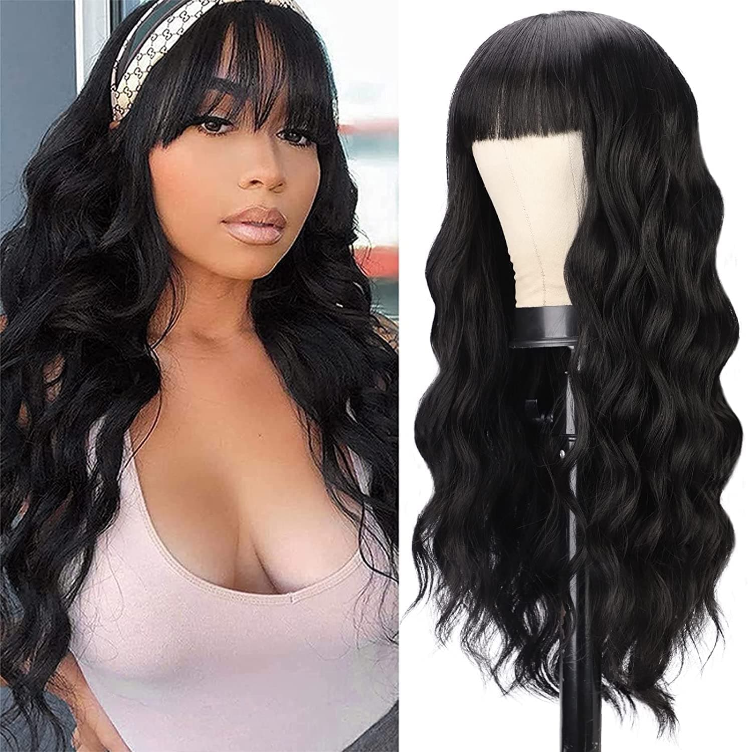 ENTRANCED STYLES Black Wigs with Bangs Long Wavy Wigs for Women Synthetic Heat Resistant Wig for Daily Party Use 24 Inch