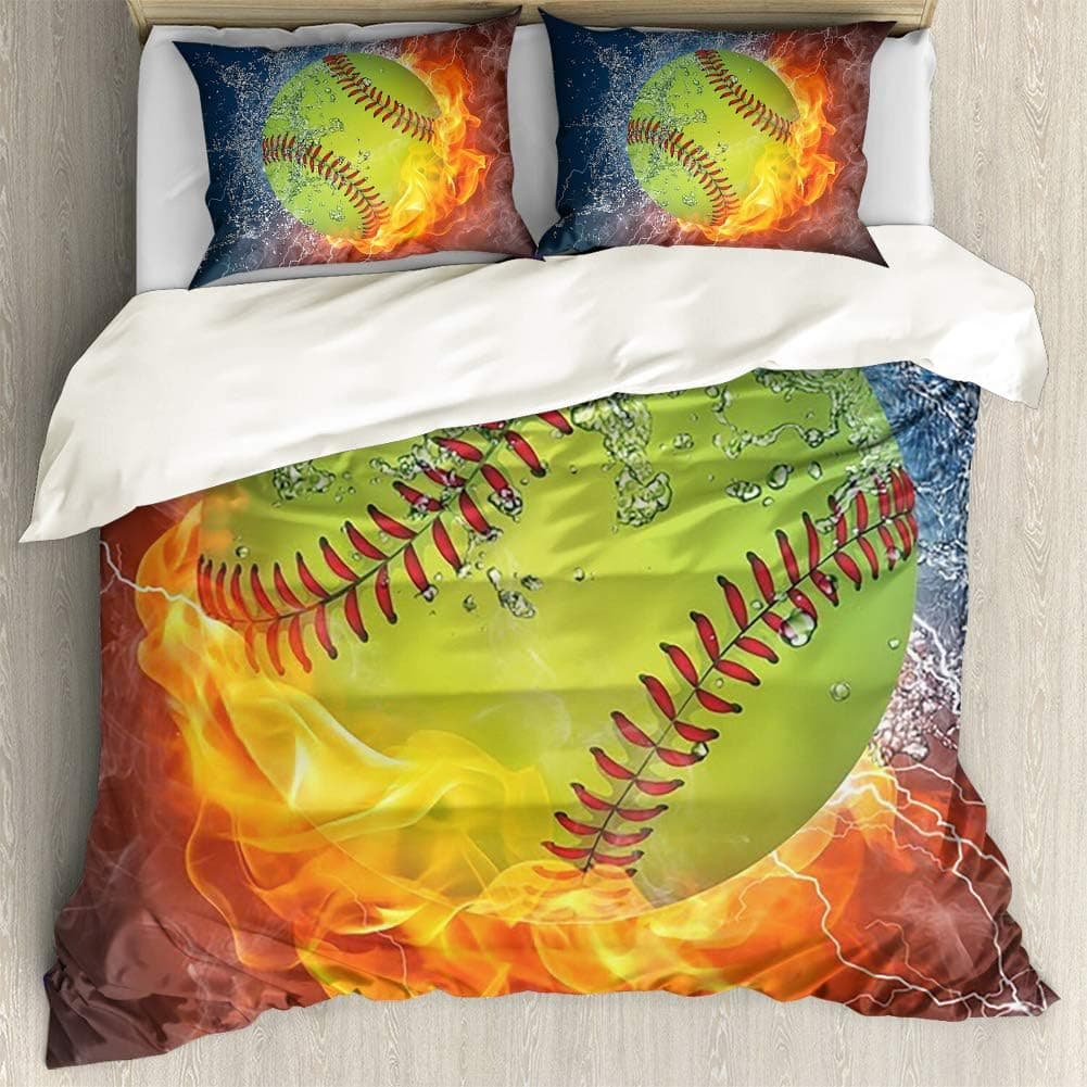 INSTANTARTS Water and Fire Softball Ball Print 3 Piece Soft Bedding Sets with 1 Duvet Cover 2 Pillow Case Hypoallergenic Bedclothes (Twin, Beige)