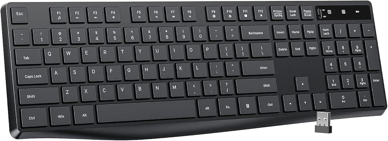 TUNEAKE 2.4 GHz Wireless Keyboard, Slim Quick Wireless USB Receiver, Long Battery Life, Full-Sized Ergonomic Wireless Keyboard Quite Click for Computer PC Laptop- Black