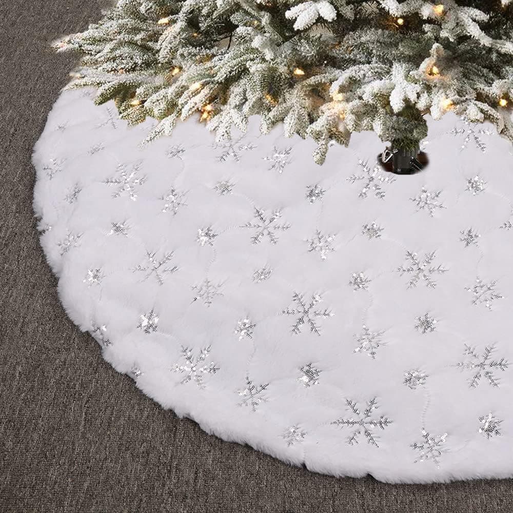 White Fur Christmas Tree Skirt 48 inches with Sparkly Silver Snowflake Sequin, Luxury Faux Fur Holiday Christmas Decorations Xmas Party Decor