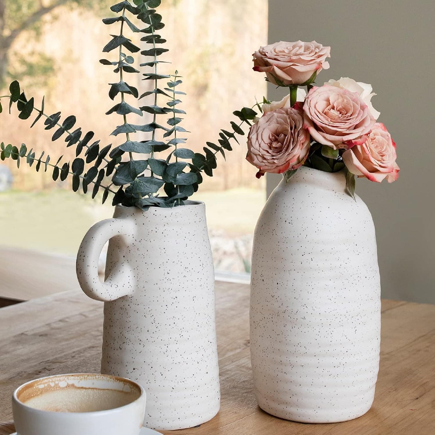 EASY365 Ceramic White Vase Set of 2(9.8” & 8.3” H), Large Flower Vases for Rustic Home Decor, Modern Farmhouse Decor, Boho Living Room Decor, Shelf & Coffee Table Decor, Wedding & Party Décor