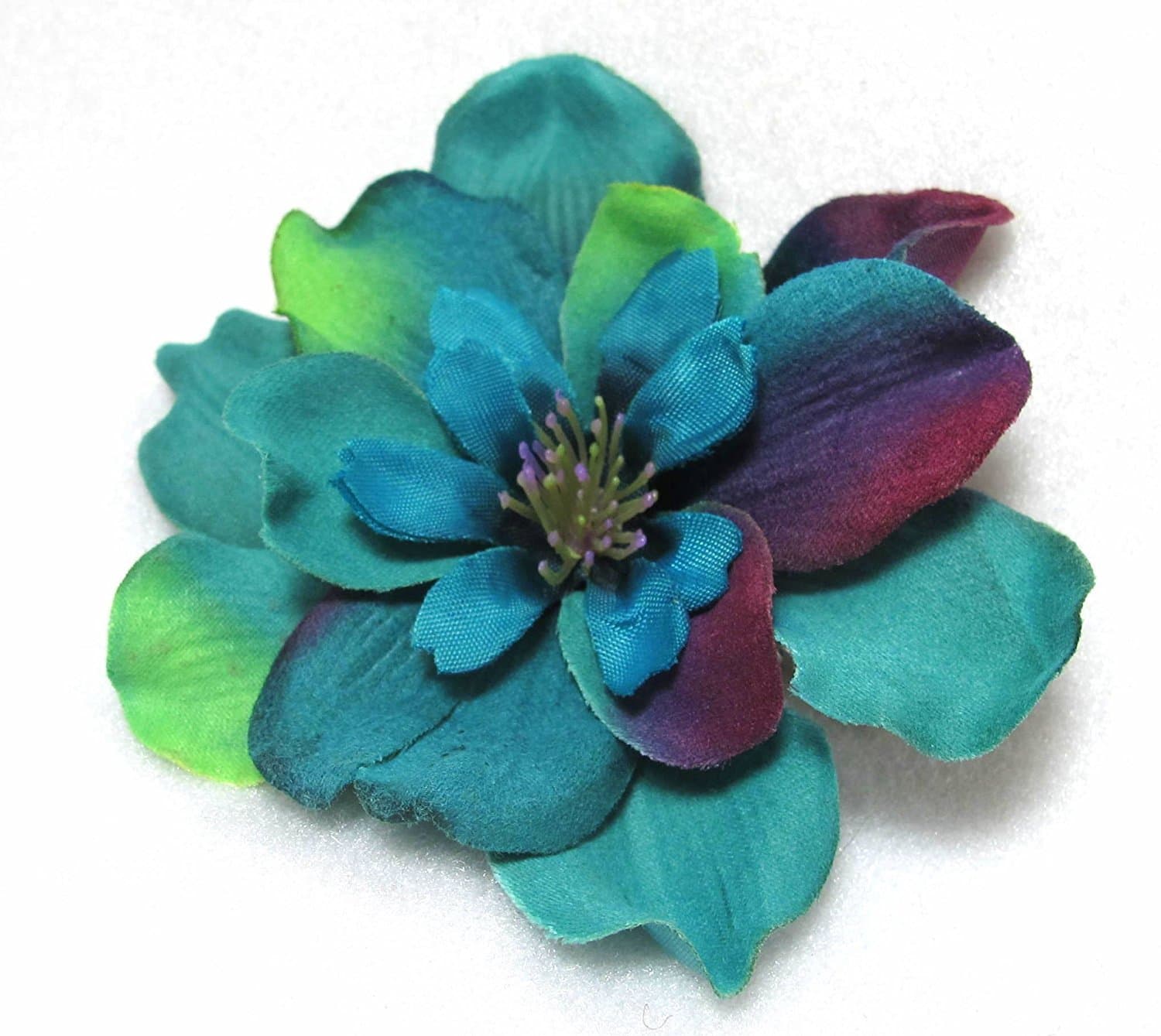 Bright Blue Delphinium Hair Flower with Purple and Lime Highlights