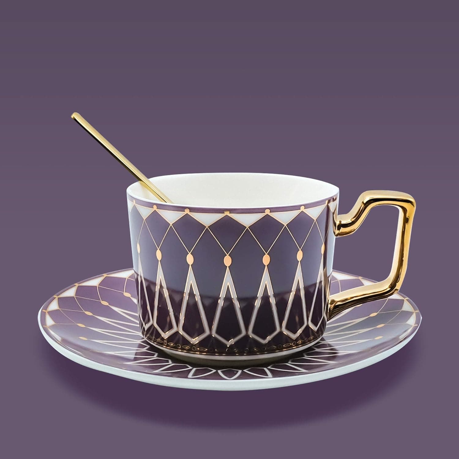Tea Coffee Cups - 7.4oz Bone China Ceramic, Beautiful Matte Glazed Tea Cup with Saucer and Spoon - purple