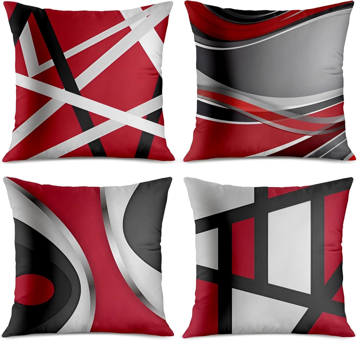 Harraca Set of 4 Red Throw Pillow Covers Decorative Modern Abstract Stripes Geometric Pattern Decorations 20x20 inch Square Decor for Couch Sofa Living Room Bedroom Home(Gray Black and White)