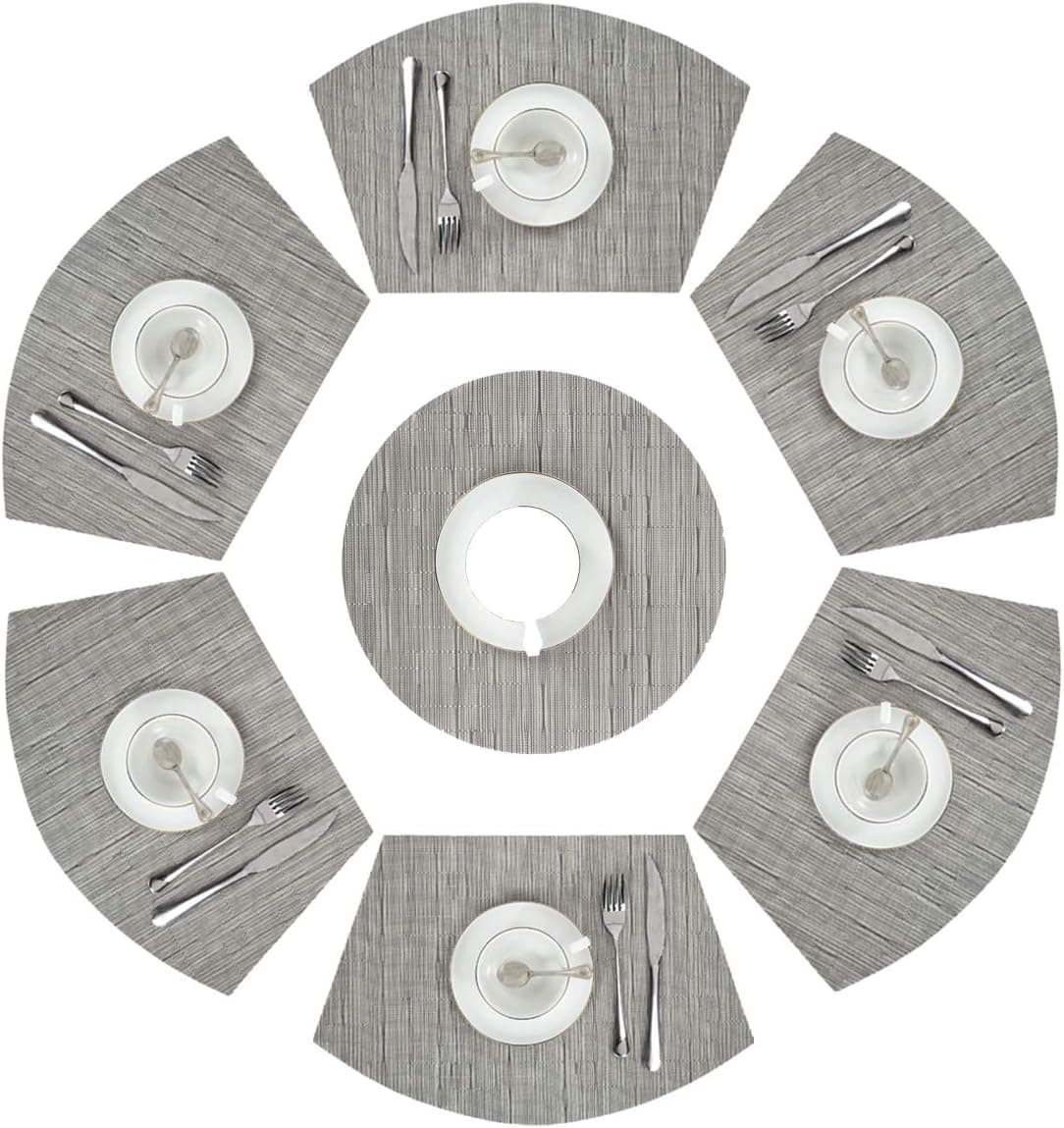 Pauwer Set of 7 Round Table Placemats (1 Pc Round Placemats and 6 Pcs Wedge Placemats) Woven Vinyl Plastic Placemats Washable Wipe Clean(Set of 7,Silver Grey)