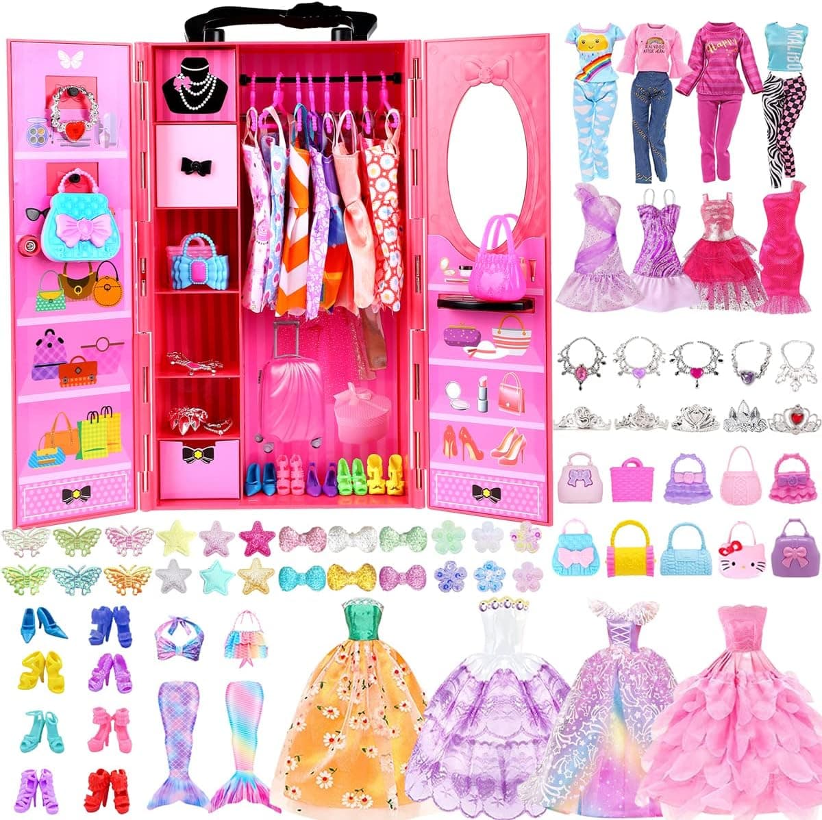 98 Pack Doll Clothes and Accessories with Closet Wardrobe DIY Playset for 11.5 Inch Doll Including Wedding Dress Fashion Dress Casual wear Swimsuit Shoes Hangers Necklace Bags (11.5inch)